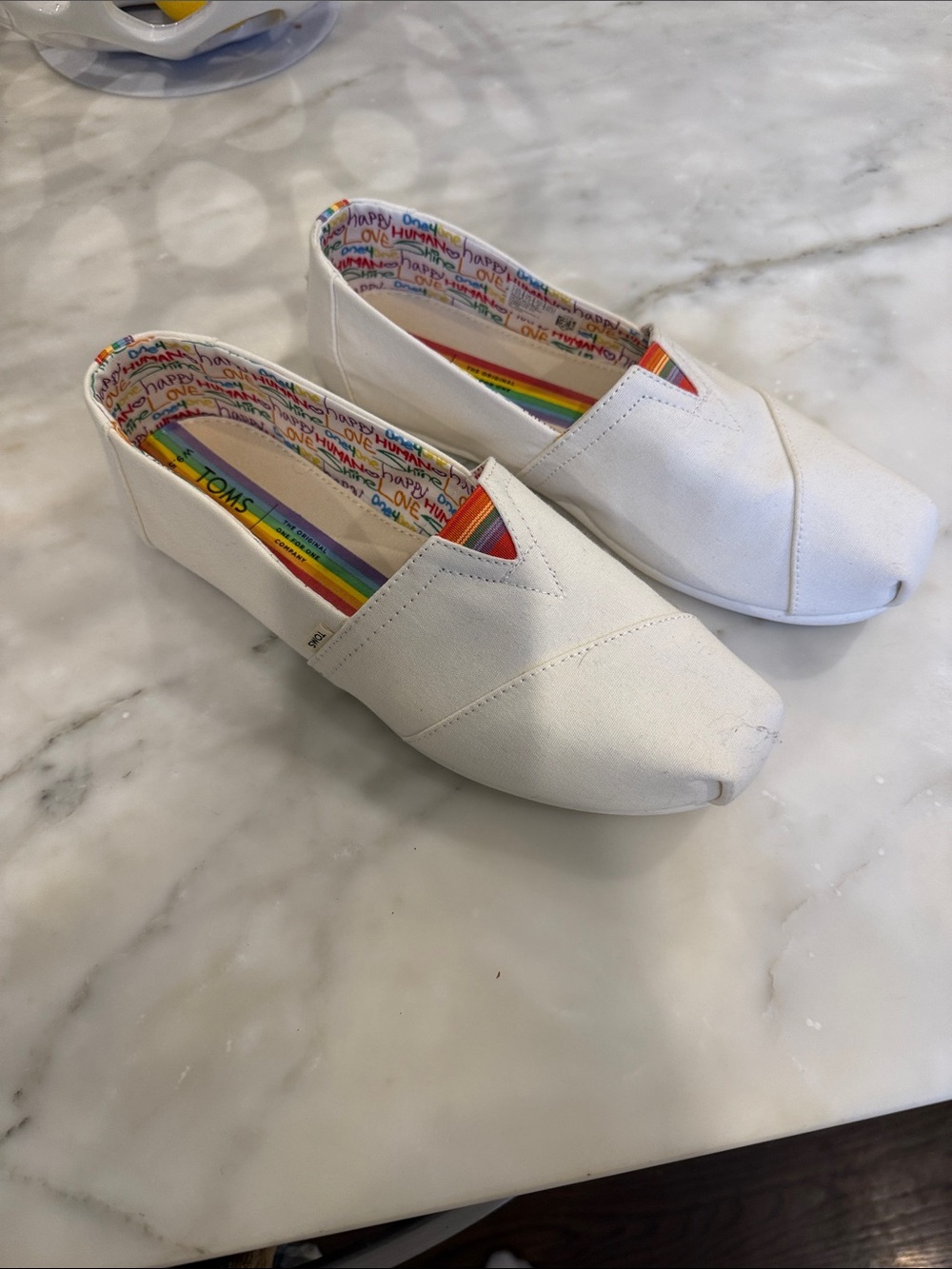 Toms White Canvas Slip-On Sneakers with Rainbow Lining
